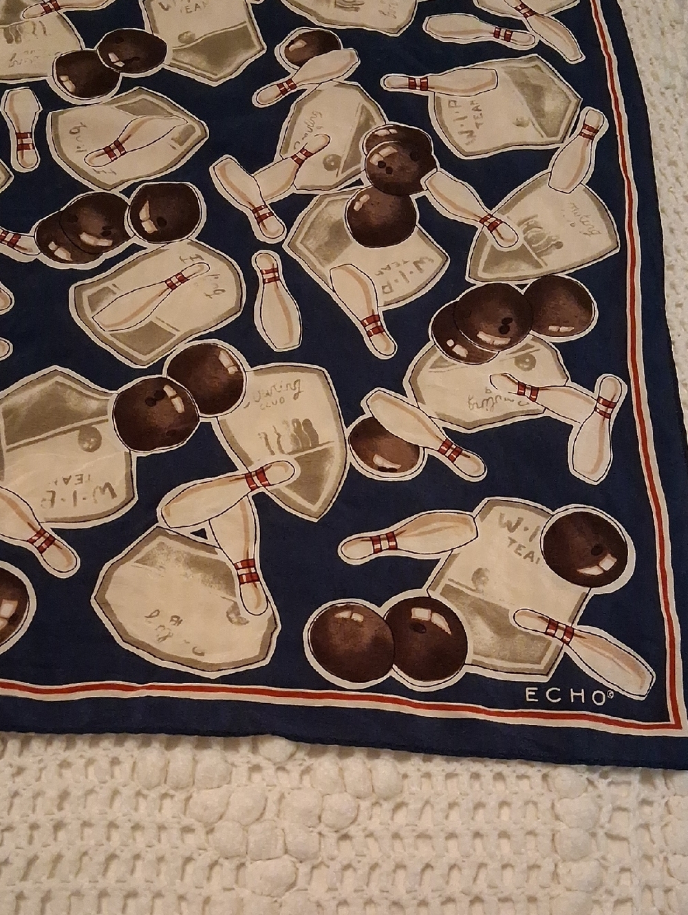 Echo Navy Silk Scarf with Bowling Motif